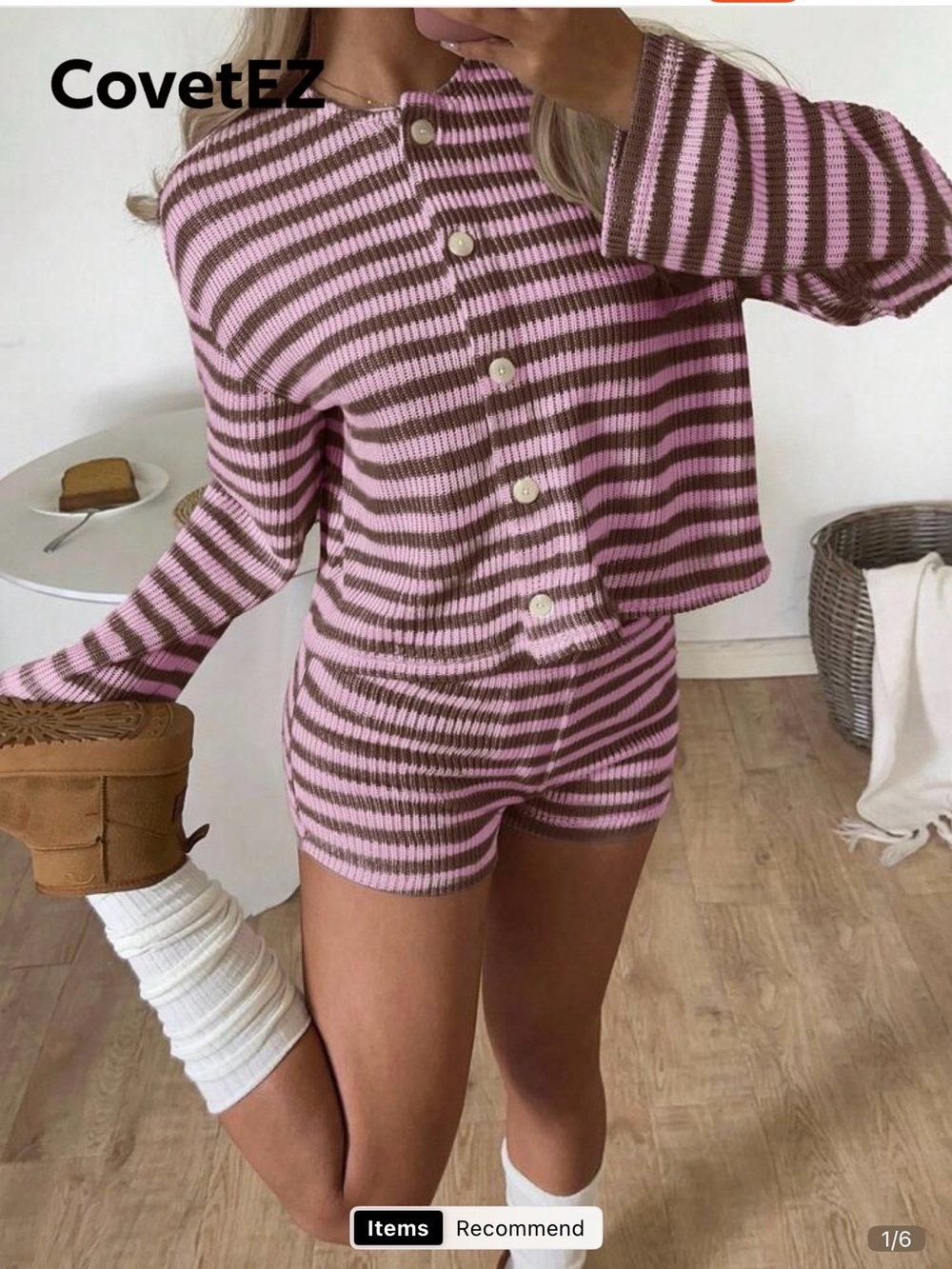 NEW Women's Pink & Brown knitted Striped Ribbed Lounge Set